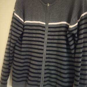 Dressbarn Women's Zip-Up Sweater in Gray and Black Stripes